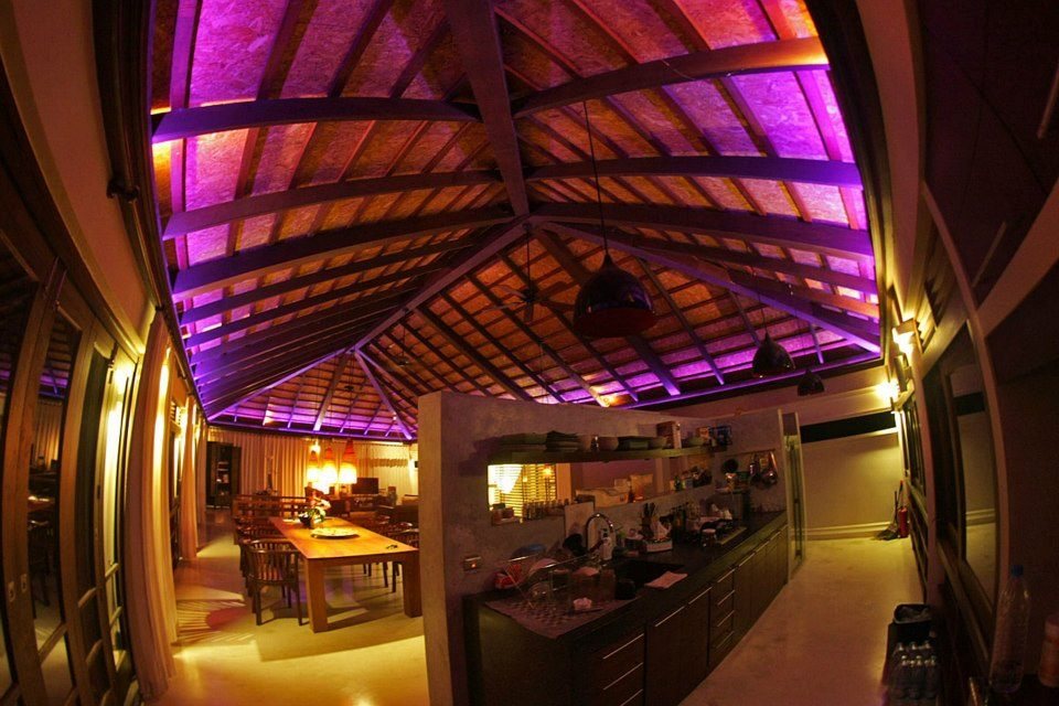 Dining pavilion lit at night, Siam