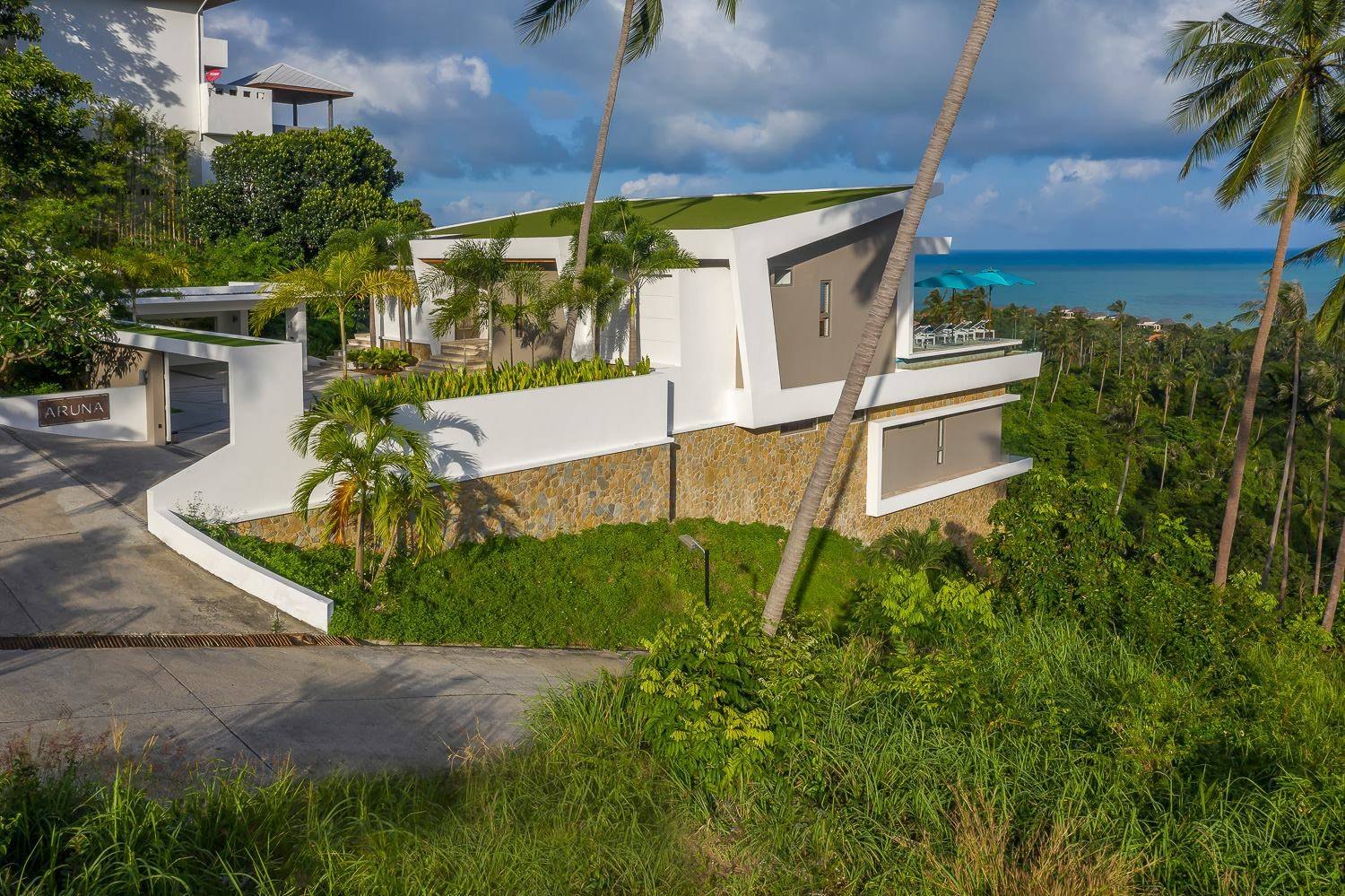 Aerial daytime view of Aruna's entrance and terraces, Koh Samui