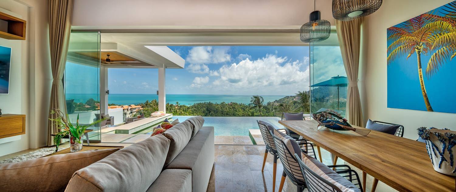 Living and dining area opening to the infinity pool, Aruna