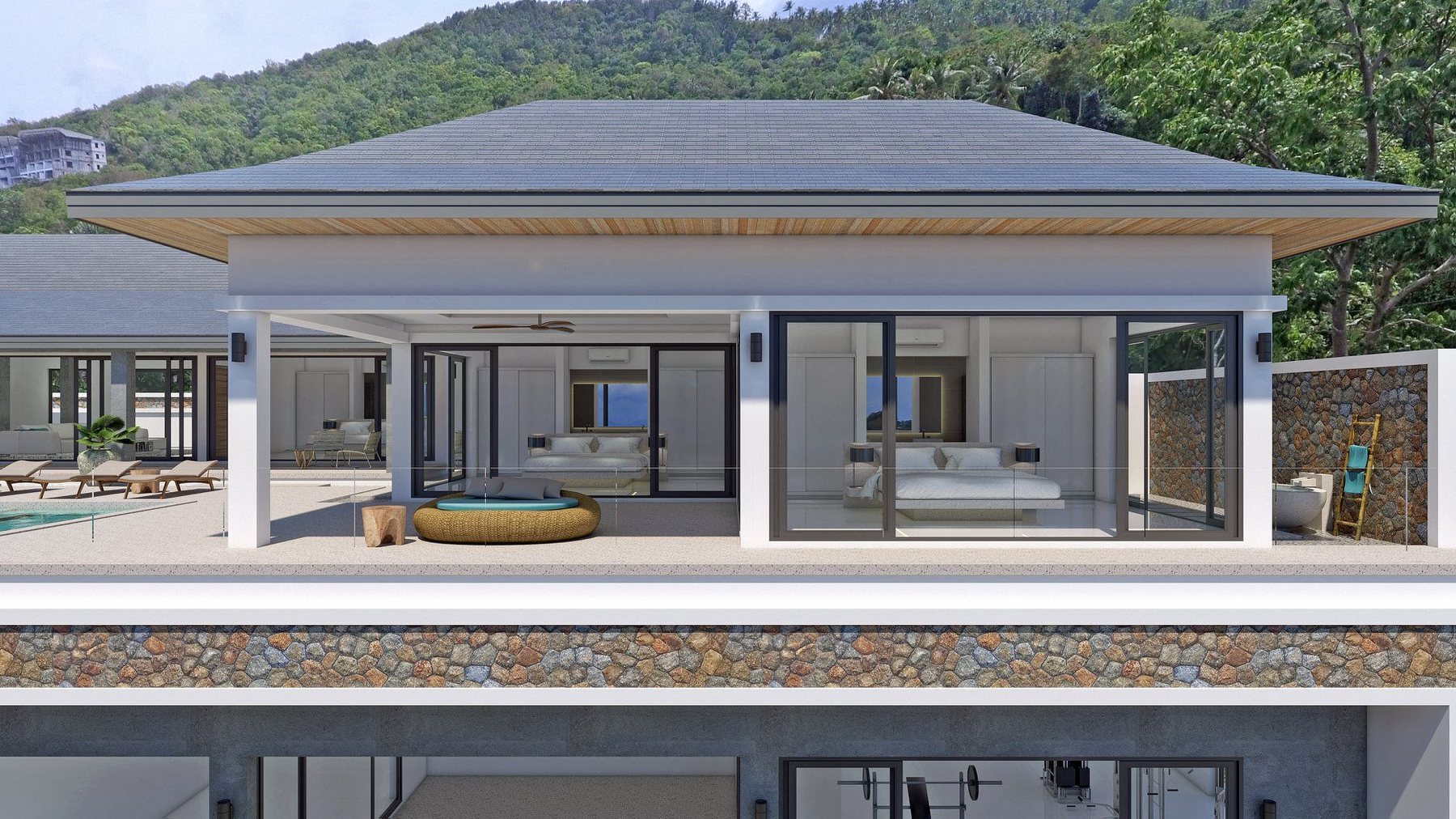 Open-plan living room with pool view, Bali